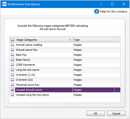 Entitlement exemption window with unused leave wage category selected