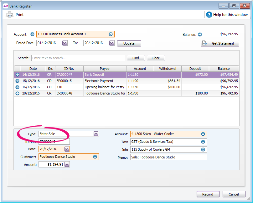 Bank Register window with enter sale highlighted