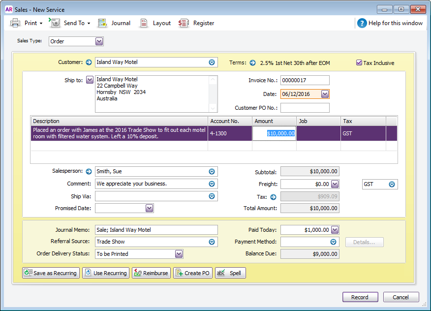 Sample order in service layout with detailed description of sale Sample order in service layout with detailed description of sale