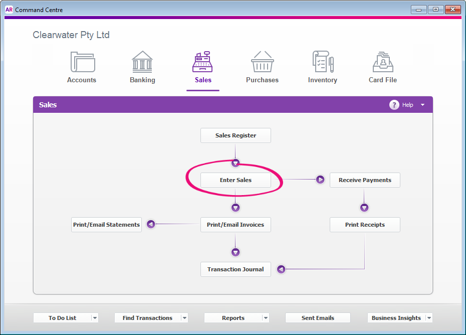 Sales command centre with enter sales button highlighted