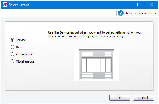 Select layout window with Service option selected