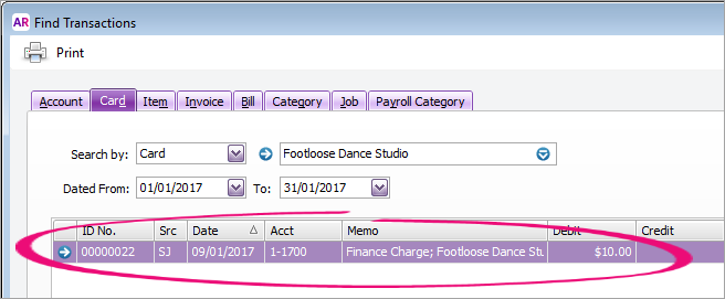 Find transactions window with finance charge transaction highlighted