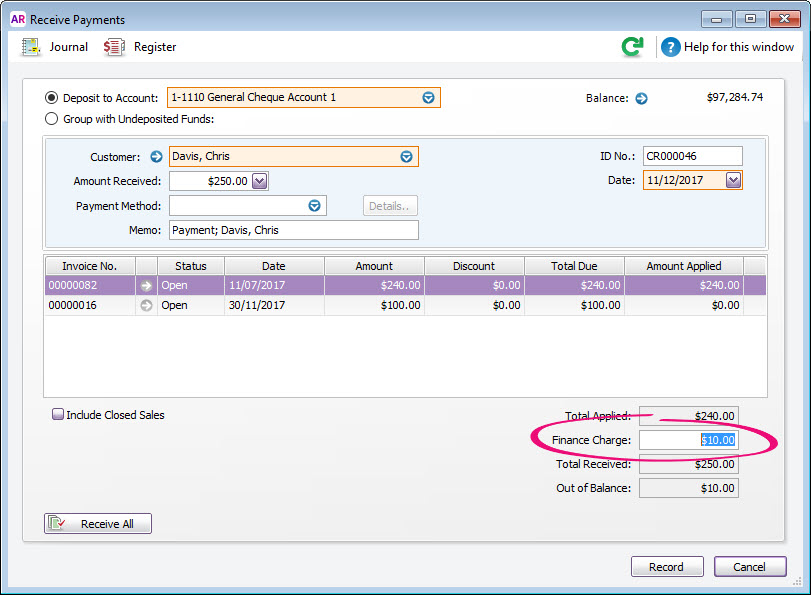 Receive Payments window with finance charge highlighted