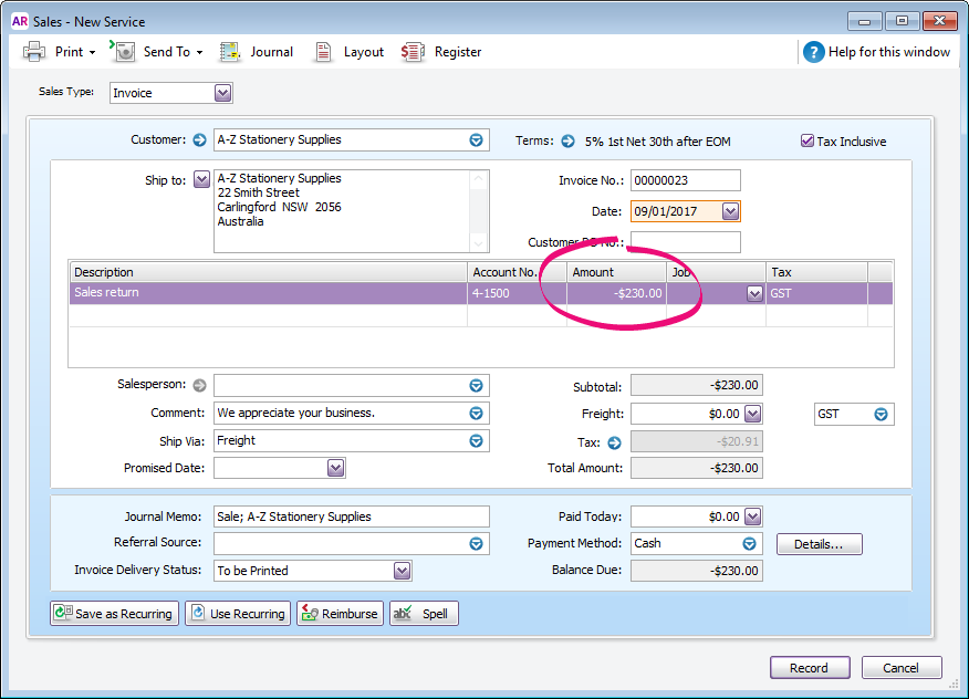 Invoice with negative value entered