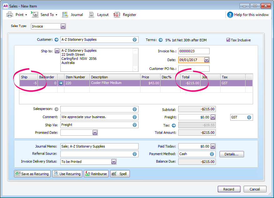 Invoice with negative ship quantity and value