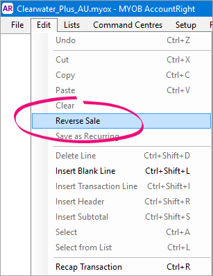 Edit menu clicked with reverse sale option highlighted
