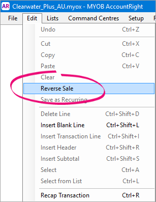 Edit menu clicked with reverse sale option highlighted Edit menu clicked with reverse sale option highlighted