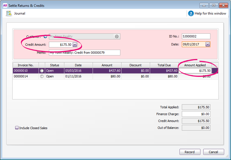 Settle returns and credits window with credit applied to open invoice
