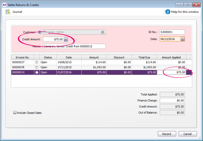 Settle returns and credits window with credit applied to invoice