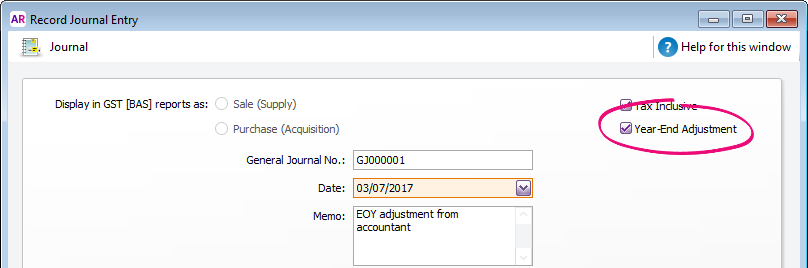 Journal window with year end adjustment option selected Journal window with year end adjustment option selected