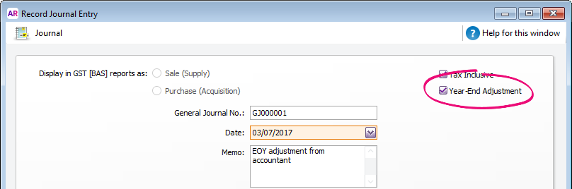 Journal window with year end adjustment option selected