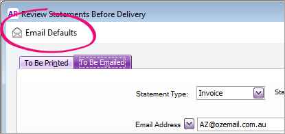 Review statements before delivery window with email defaults button highlighted
