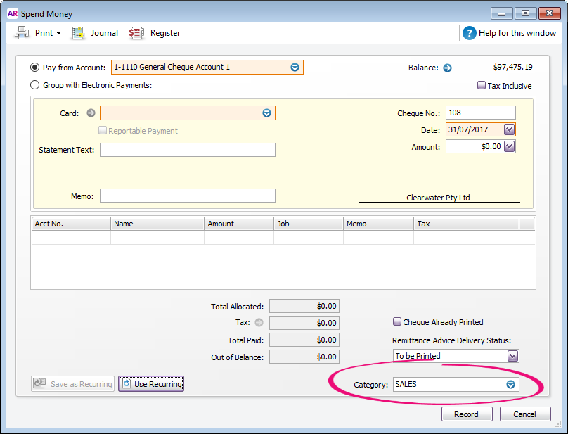 spend money transaction with category field highlighted spend money transaction with category field highlighted