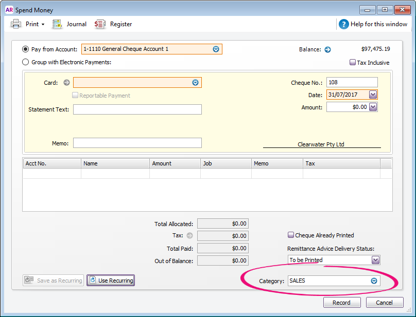 spend money transaction with category field highlighted
