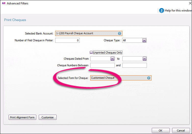 MYOB AccountRight > Personalising cheques > AccountRight Select Customised Cheque.png
