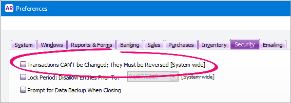 MYOB AccountRight > Changing a transaction > Delete preference.png (Preferences window with option deselected) Preferences window with option deselected