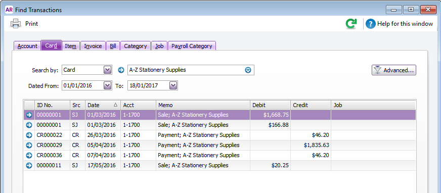 Find transactions window with card transactions listed