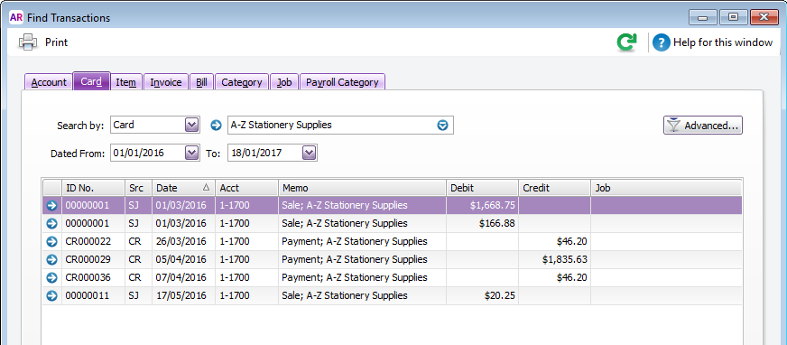 Find transactions window with card transactions listed Find transactions window with card transactions listed