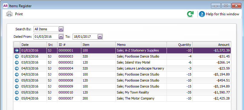 Items register window with transactions listed