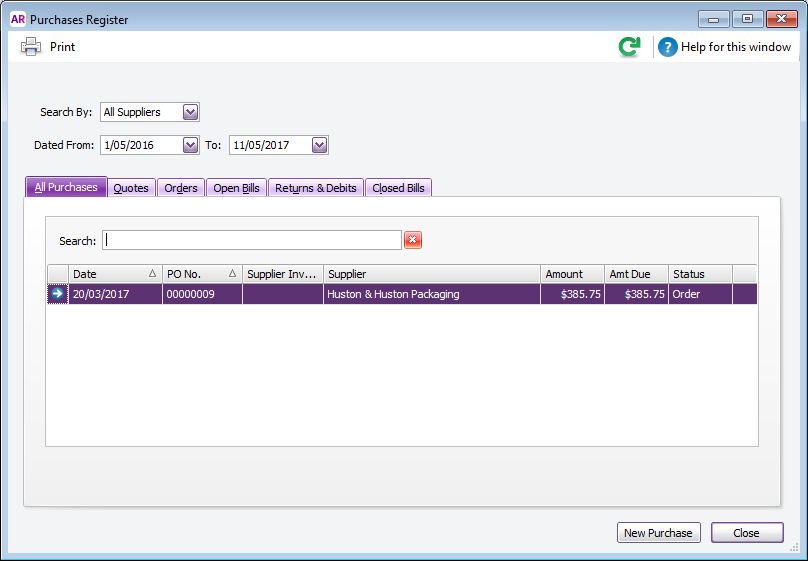 Search for transactions using the Purchases Register Search for transactions using the Purchases Register