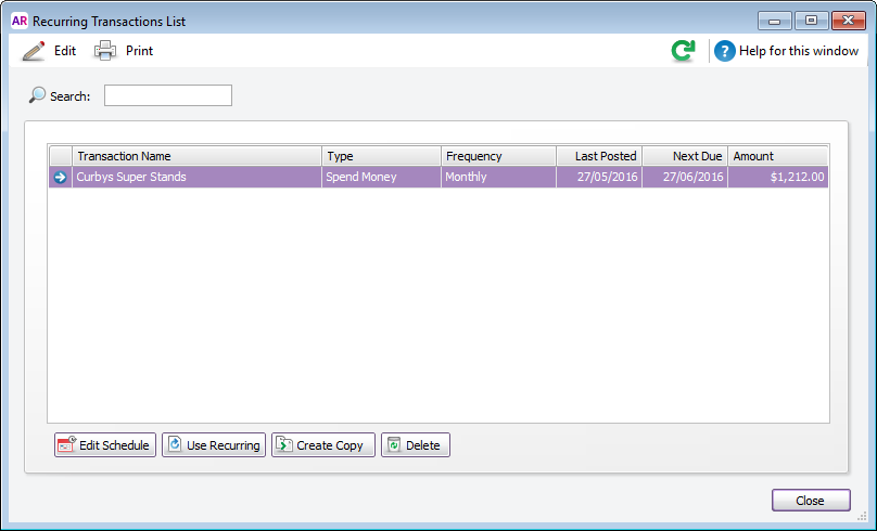 Recurring transactions list window with a recurring transaction listed Recurring transactions list window with a recurring transaction listed