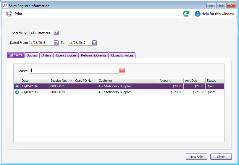 Search for transactions using the Sales Register Search for transactions using the Sales Register
