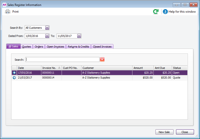 Search for transactions using the Sales Register