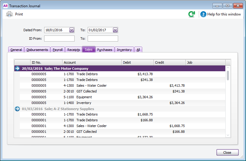 Transaction journal window with transactions listed