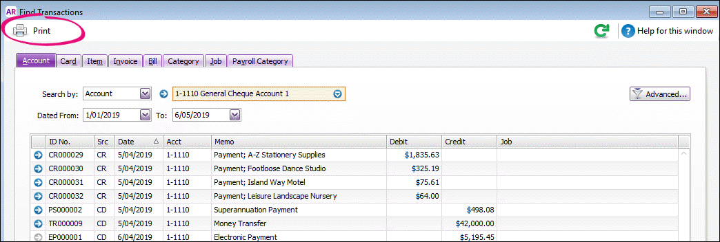 Printing from the Find Transactions window Printing from the Find Transactions window