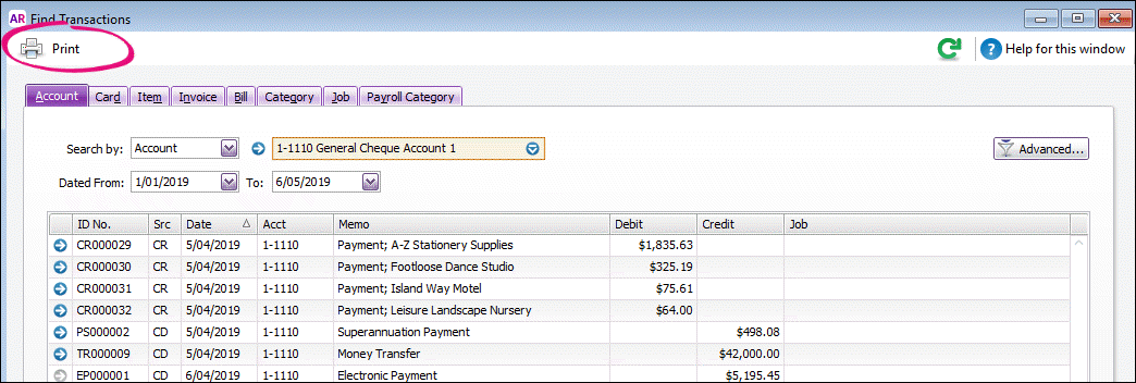 Printing from the Find Transactions window