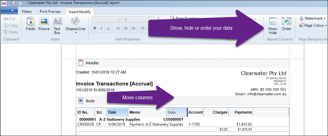 Insert, move, show or hide data