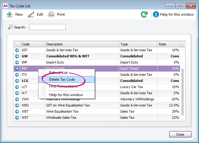 Right-click on tax code with delete tax code option highlighted