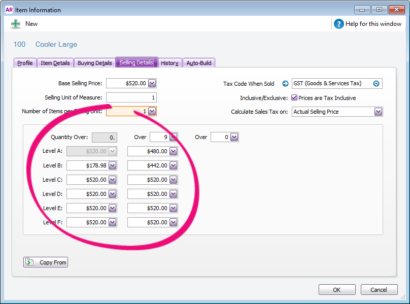 Item information window with example price levels and quantity breaks Item information window with example price levels and quantity breaks