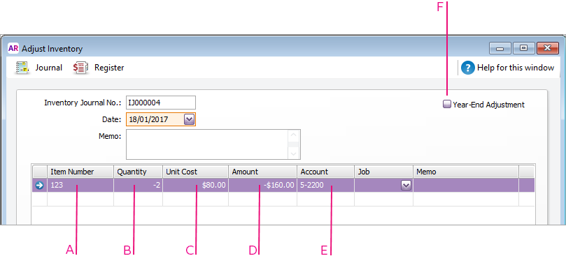 Adjust inventory window with fields identified with A B C D E and F