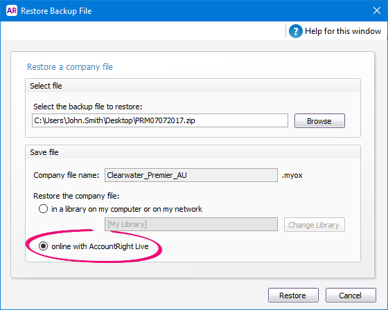Restore backup file window with online option selected Restore backup file window with online option selected