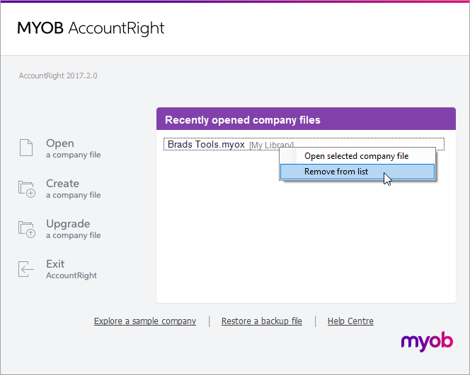 AccountRight library browser with remove from list option shown AccountRight library browser with remove from list option shown