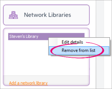 Right-click on network library with remove from list highlighted Right-click on network library with remove from list highlighted