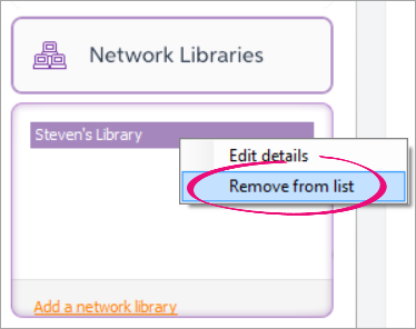 Right-click on network library with remove from list highlighted