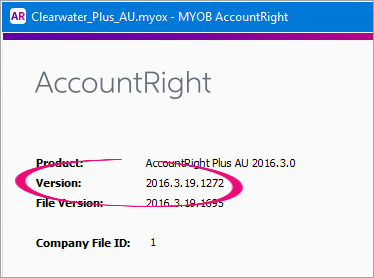 About AccountRight window with 2016.3 highlighted