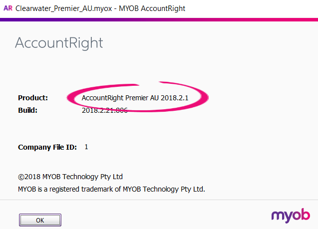 Help menu, about AccountRight, showing latest version