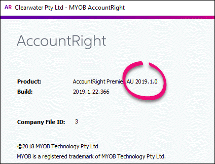 About AccountRight window, showing version 2019.1