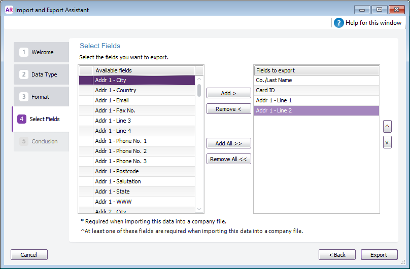 Selecting fields to export in the Import and Export Assistant