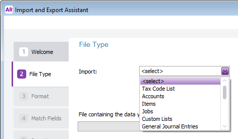Import and export assistant window with dropdown list showing import options