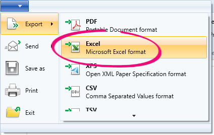 Export to excel option highlighted