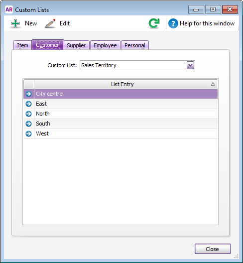 Custom Lists window with entries added Custom Lists window with entries added