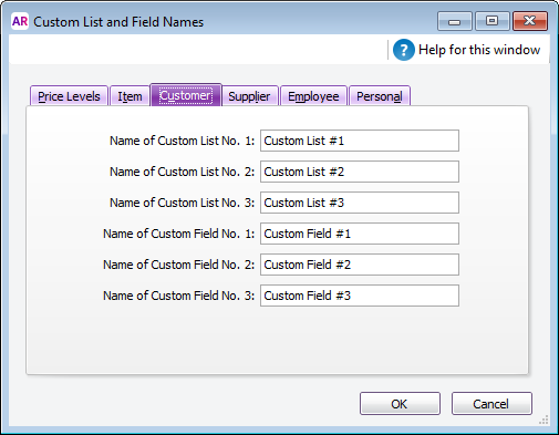 Custom List and Field Names window Custom List and Field Names window