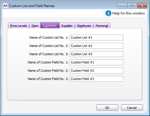 Custom List and Field Names window
