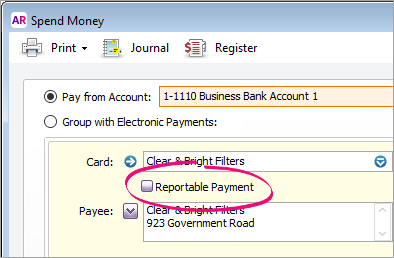 Spend money window with reportable payment option highlighted Spend money window with reportable payment option highlighted