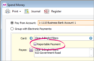 Spend money window with reportable payment option highlighted