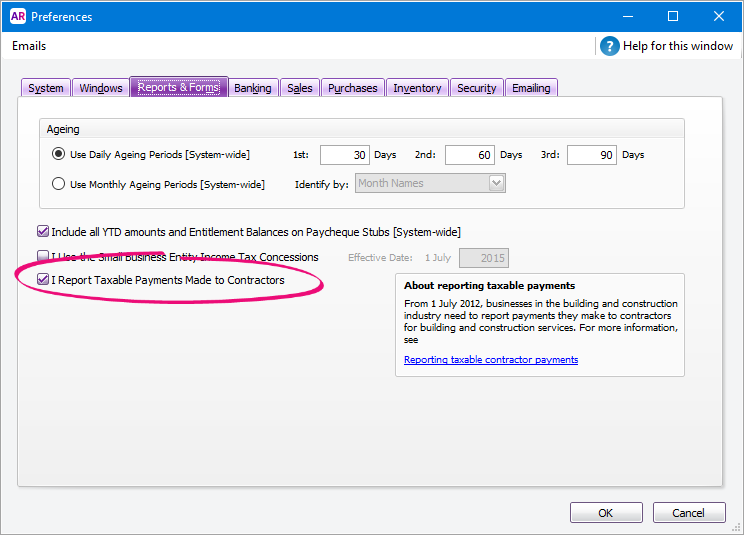 Preferences window with reportable payments option selected Preferences window with reportable payments option selected